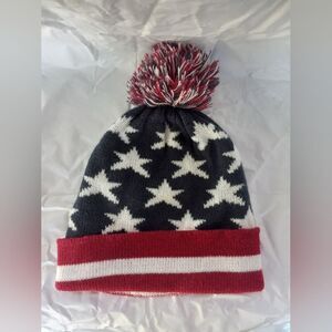 K217 Mens Dorfman Pacific Red USA Knit Hat With Pom Pom One Size